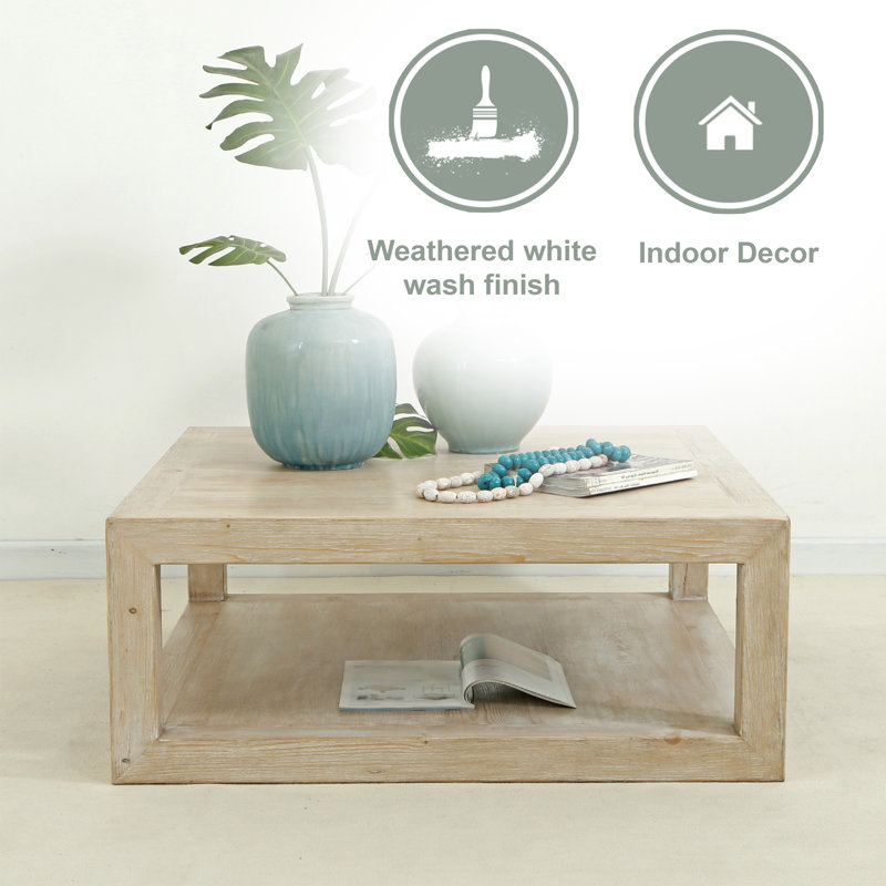 Peking Ming 50" L Square Coffee Table with Weathered Whitewash, 15.75" x 39.37" x 39.37"