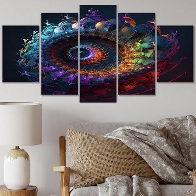 3D Spiral Rainbow Shapes V - Abstract Spirals Canvas Wall Art - 5 Panels