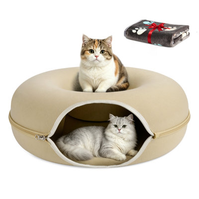Indoor Peekaboo Donut Tunnel Bed Cat Plush Toy,Beige, Large
