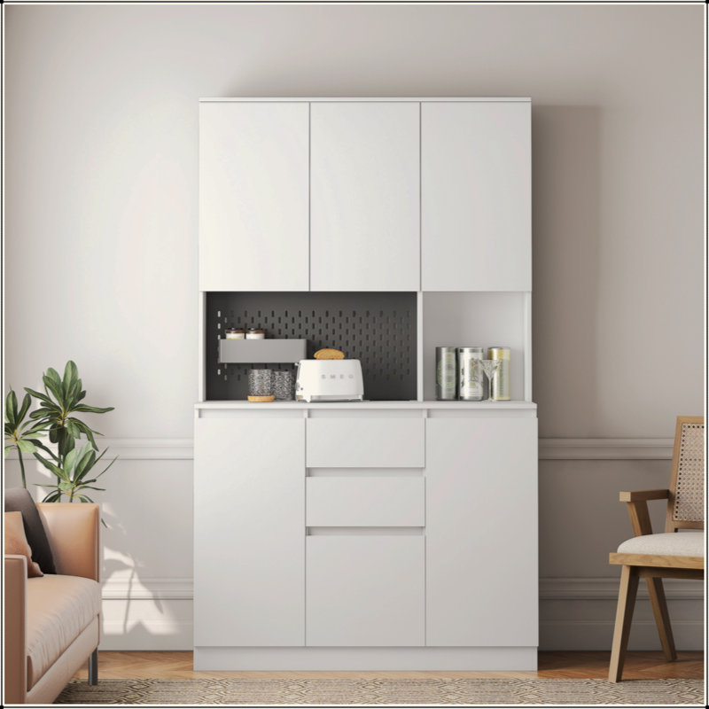 Armoire garde-manger de 74 po avec station de charge, buffet avec placards autoportants avec tiroir, garde-manger moderne avec support à micro-ondes pour la cuisine, le salon, la salle à manger