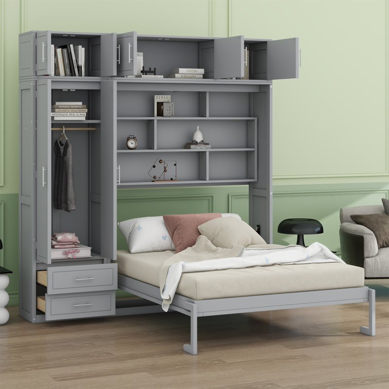 Lit escamotable mural avec armoire supérieure, tablettes et garde-robe, lit pliable peu encombrant, Gris