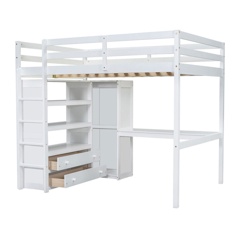 Lit mezzanine en bois massif avec garde-robe, bureau et tiroirs de rangement pleine grandeur Ellington