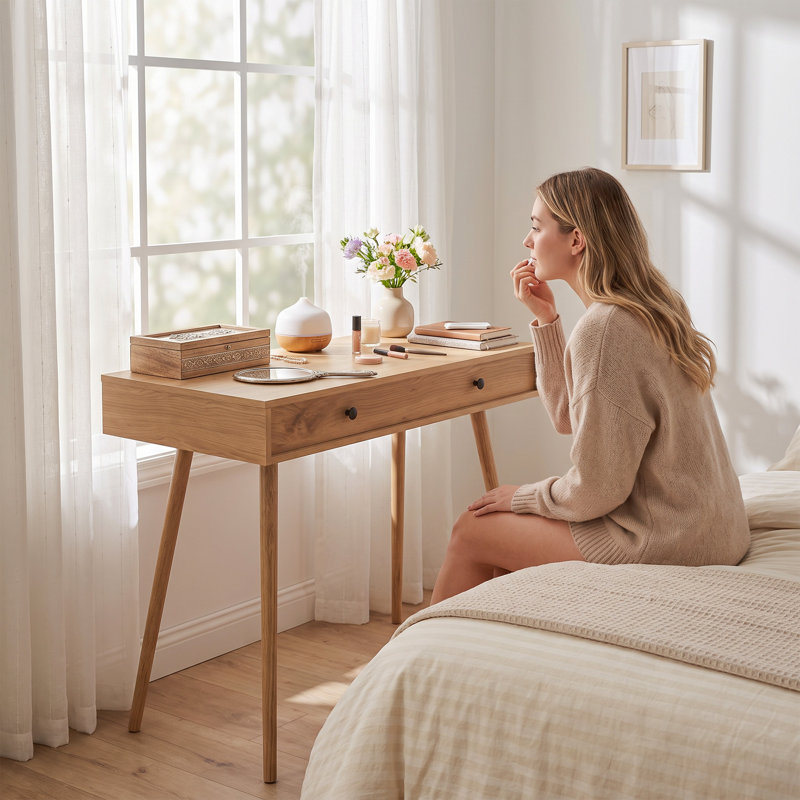 Bureau d'ordinateur à plateau relevable, bureau avec rangement dissimulé, Naturel