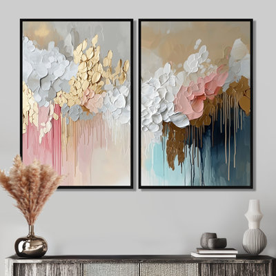 «White and Gold Brushstroke», peinture abstraite III - Collages abstraits, impressions sur toile 2 pièces