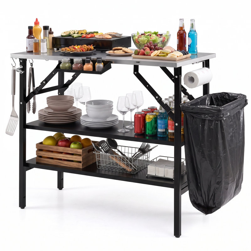 Station de cuisson pliable extérieure avec 2 tablettes amovibles, support pour sac poubelle et 4 crochets en S