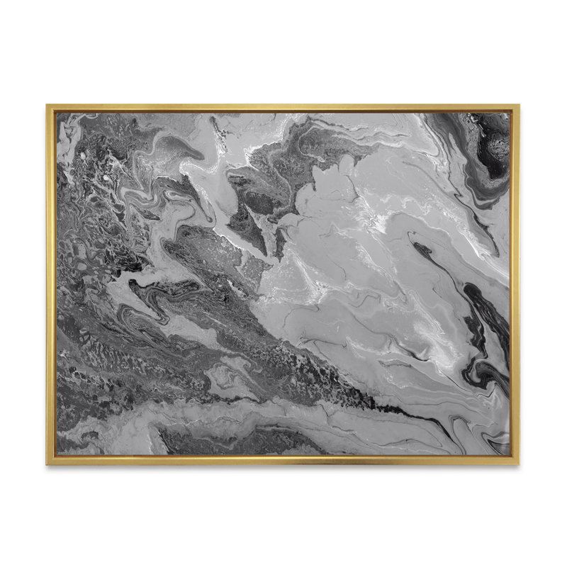 Gris ondulé liquide - peinture sur toile, H 30 po x l 40 po x P 1,5 po, Cadre flottant doré