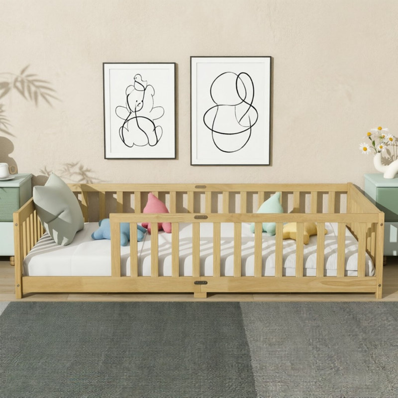Lit en bois avec garde-corps sans porte, Naturel