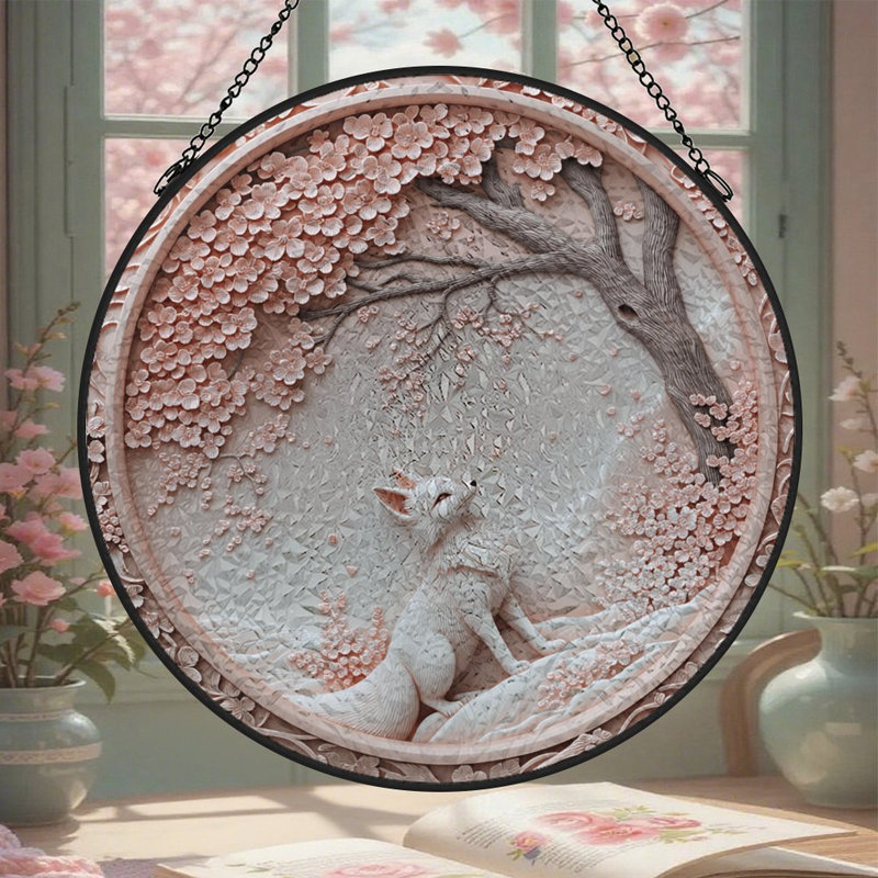 Panneau de vitrail blanc cerisier en fleurs teinté pour décoration de fenêtre, 3.5x3.5in(9x9cm)