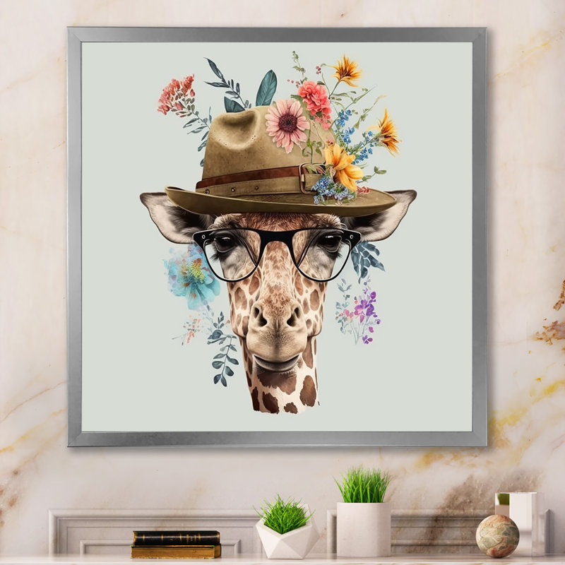 Portrait de girafe avec des lunettes et un chapeau I, Cadre simple argenté, H 36 po x l 36 po x P 1,5 po