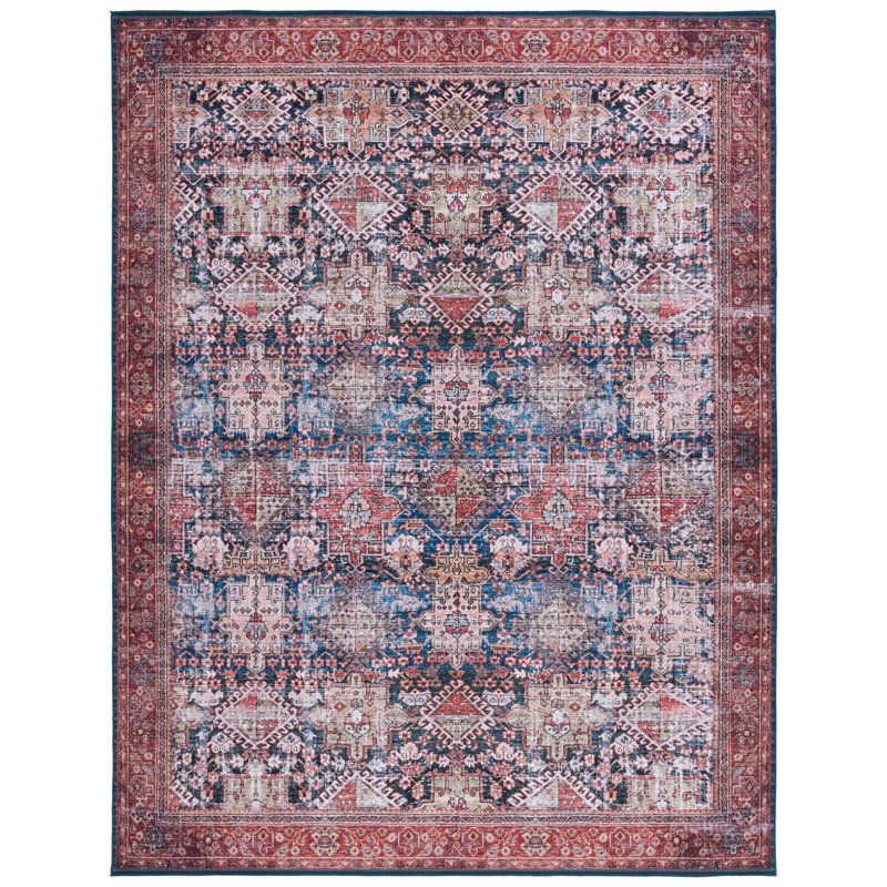 Tucson Vintage Look Machine Washable Non-Slip Area Rug in Red & Dark Blue, Rectangle 244 x 305 cm