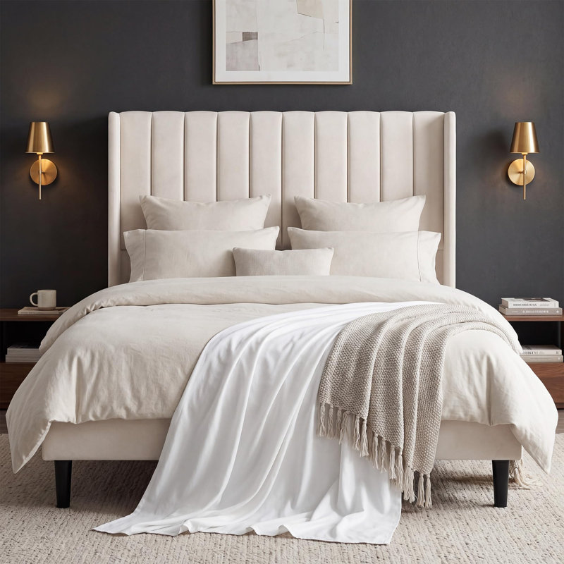 Structure de lit pleine grandeur en velours avec tête de lit à oreilles de 52 po de hauteur | Rangement sous le lit, tête de lit haute, style Morden, assemblage simple, dossier rembourré confortable, beige