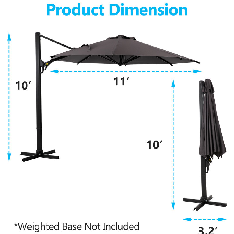 Parasol en porte-à-faux gris 11 pi, qualité de rotation réglable sur 360 ° et inclinaison, tissu teint 250G avec pare-soleil, fonctionnalité de parasol de patio rouille inclinable, protection d'ombrage extérieure stable