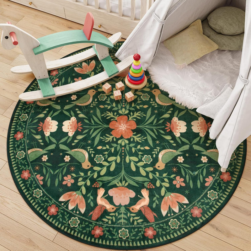 Goldene Boho Washable Botanical Dark Green Round Rugs for Living Room, Low-Pile Floral Rug with Non Slip Backing For Bedroom Dining Room