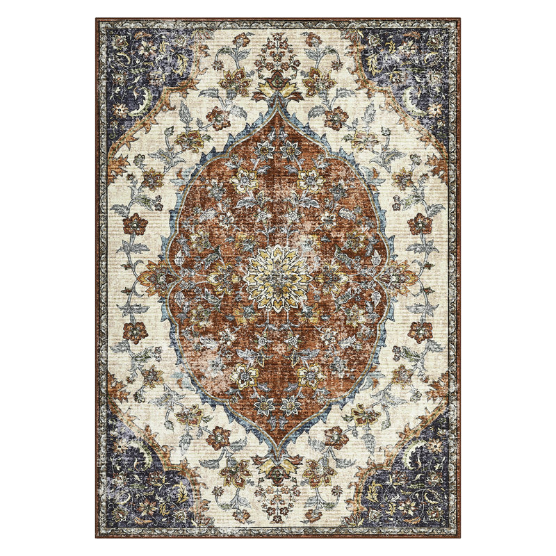 Vintage Machine Washable Bedroom Rug, Non-Slip Non-Shedding Low-Pile Dining Room Rug, Soft Rug for Living Room
