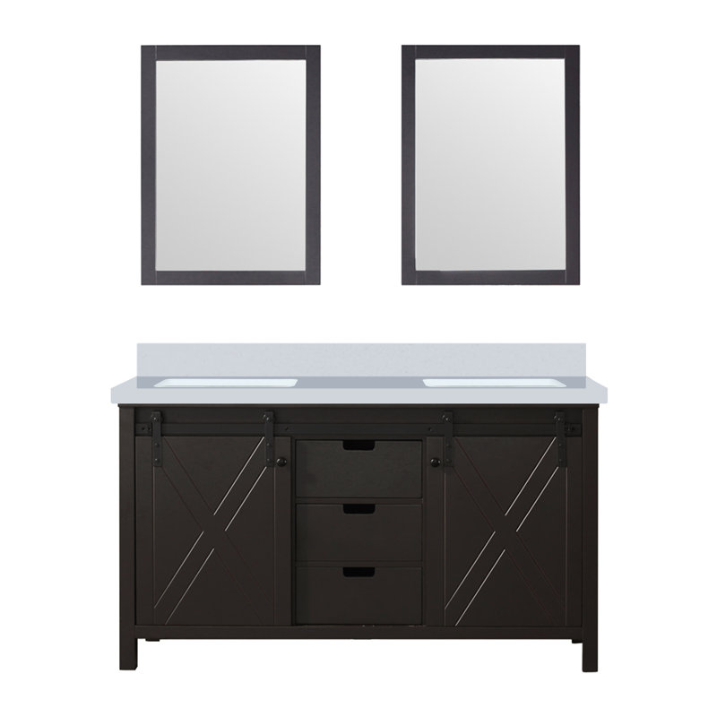 Marsyas 60 in W x 22 in D Double Bath Vanity and 24 in Mirrors, Brown, White Quartz