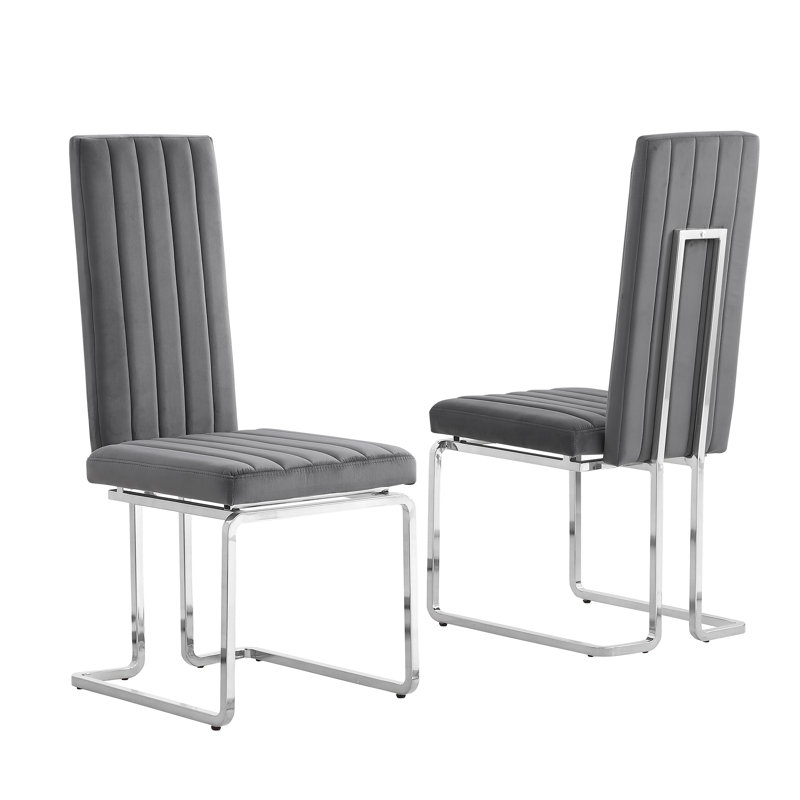 19'' H Velvet Upholstered Side Chair, Dark Gray, Silver