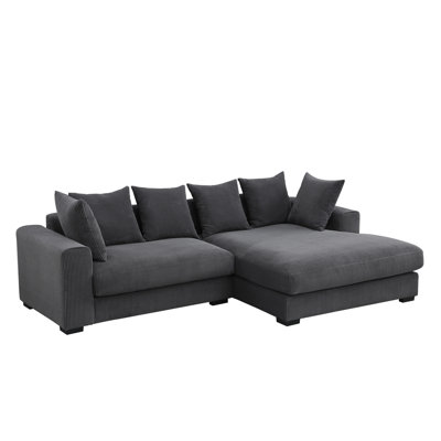 Élégant canapé modulaire en velours côtelé gris foncé avec base stable et coussins rembourrés de mousse 3 pièces et 6 coussins en plastique noir