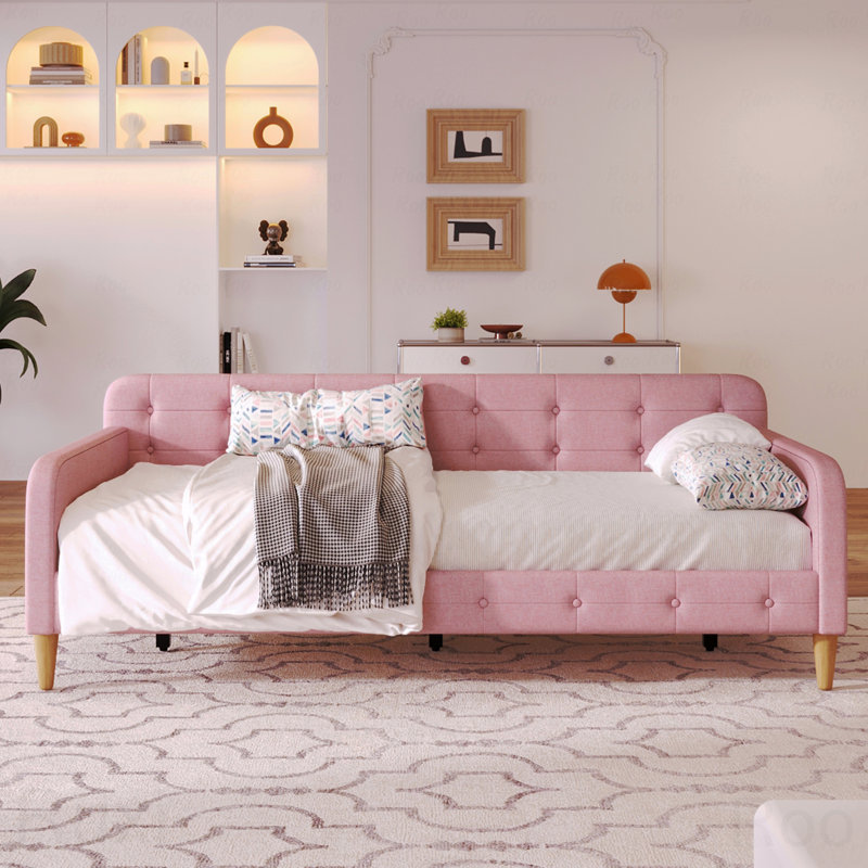 Twin Upholstered Daybed Frame, 4 Support Legs, Twin, Pink
