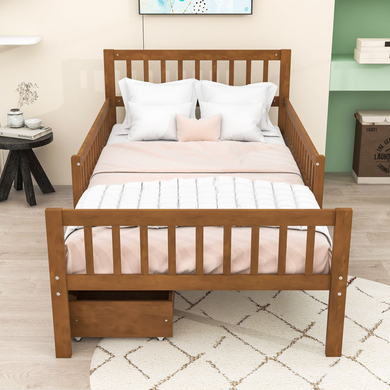 Lit plateforme en bois avec garde-corps et deux tiroirs de rangement, Simple