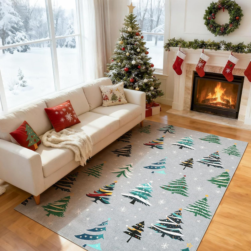 Tapis de Noël antidérapant lavable à poils courts, tapis de salon des Fêtes, motif de Noël, Rectangle 6 pi x 9 pi