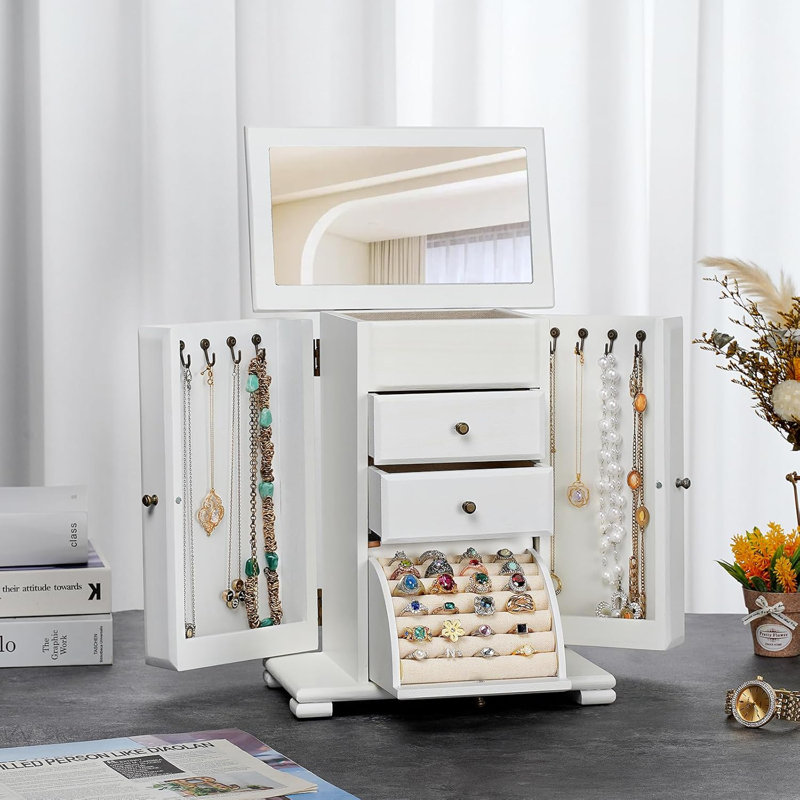 Wooden Jewelry Boxes, Jewelry Organizer Box Display For Rings Earrings Necklaces Bracelets, White
