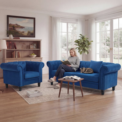 2-Piece Tufted Upholstered Chesterfield Standard Sofa Couch Accent Chair Living Room Set