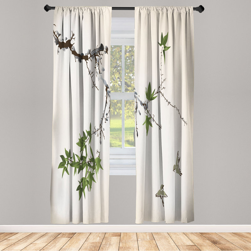 Ebern Designs Japanese Curtains, Coral Hues Cherry Blossoms, Pair of 28", 28" W x 84" L, Pale Olive
