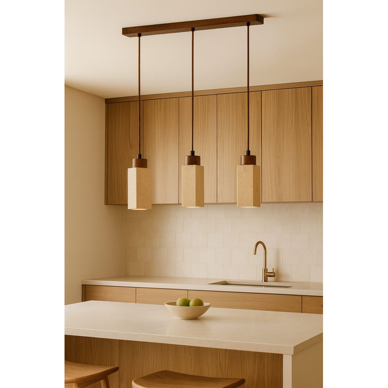 Lustre réglable élégant, placage en bois et structure en métal, 24 à 60,6 pouces | Finition beige et noyer | Comprend 3 x douilles GU10 (10 W maximum) | Éclairage élégant pour la salle à manger, le salon et le vestibule