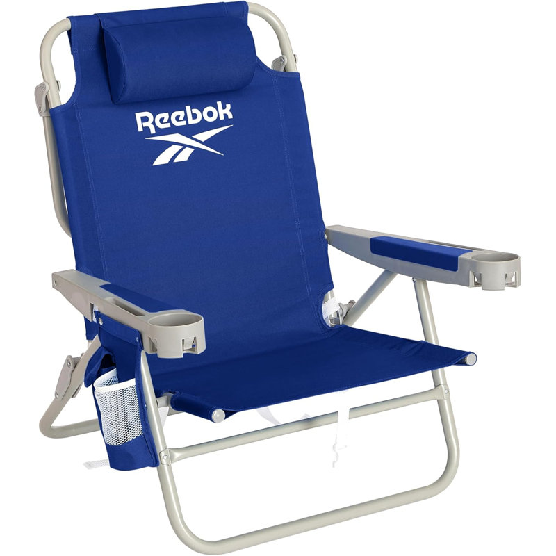  5-Position Reclining Aluminum Beach Chair, Portable Foldable Backpack Lounge Chair with Pillow, Cup Holder and Side Pocket, Navy Blue