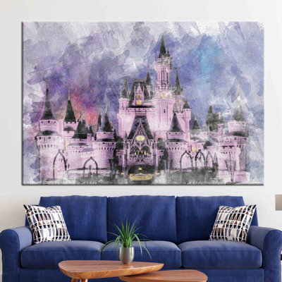 Art sur toile inspiré de Cendrillon mettant en vedette la conception abstraite du château, parfaite pour la décoration de chambre de fille et la décoration murale pour enfants Disney
