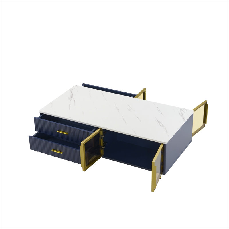 Table basse rectangulaire bleu foncé avec rangement en verre, 4 tiroirs, pieds dorés et éclairage multicolore pour le salon