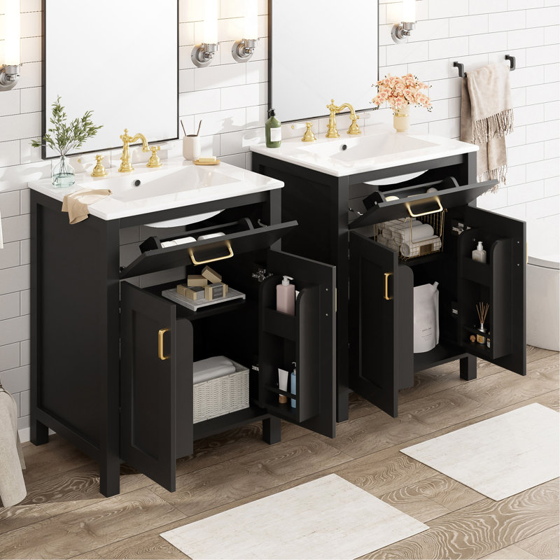 Meuble-lavabo moderne de 48 pouces avec lavabo en céramique, portes à fermeture en douceur, tiroir rabattable, tablettes de porte à double couche, solution de rangement élégante