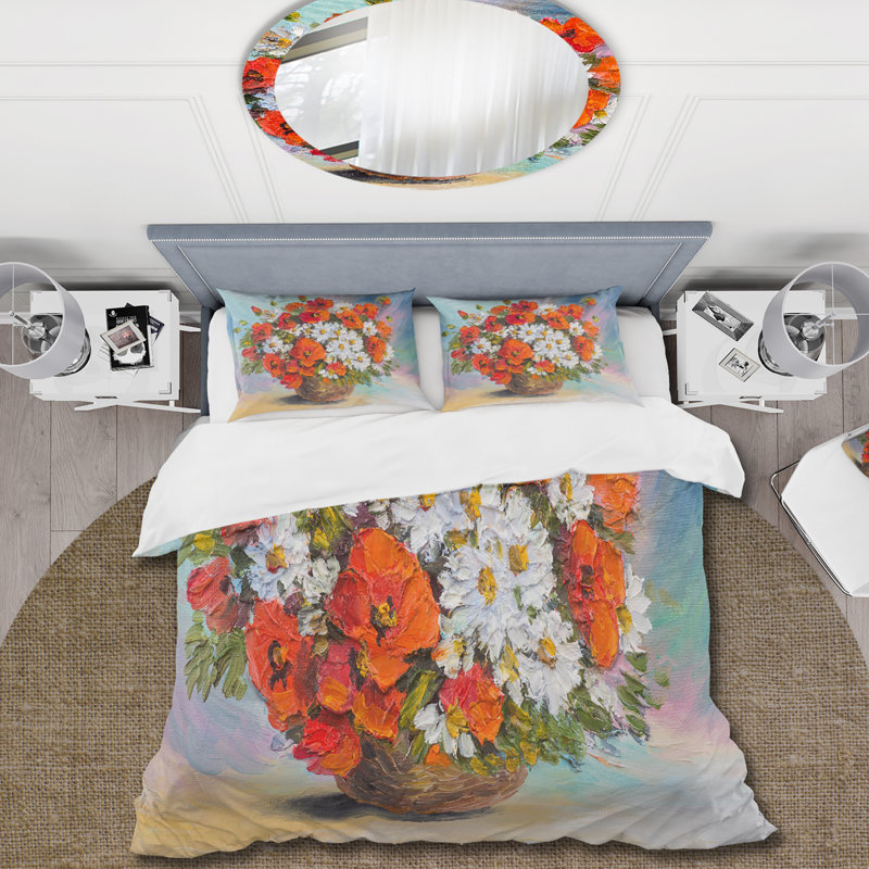 Nature morte Bouquet de coquelicots et de marguerites - Ensemble de housse de couette traditionnel - Microfibre de polyester