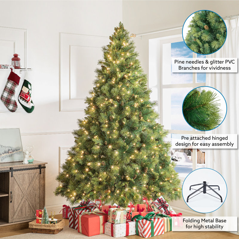 7.5 Ft Green PVC Pre-Lit Artificial Christmas Tree with Metal Stand
