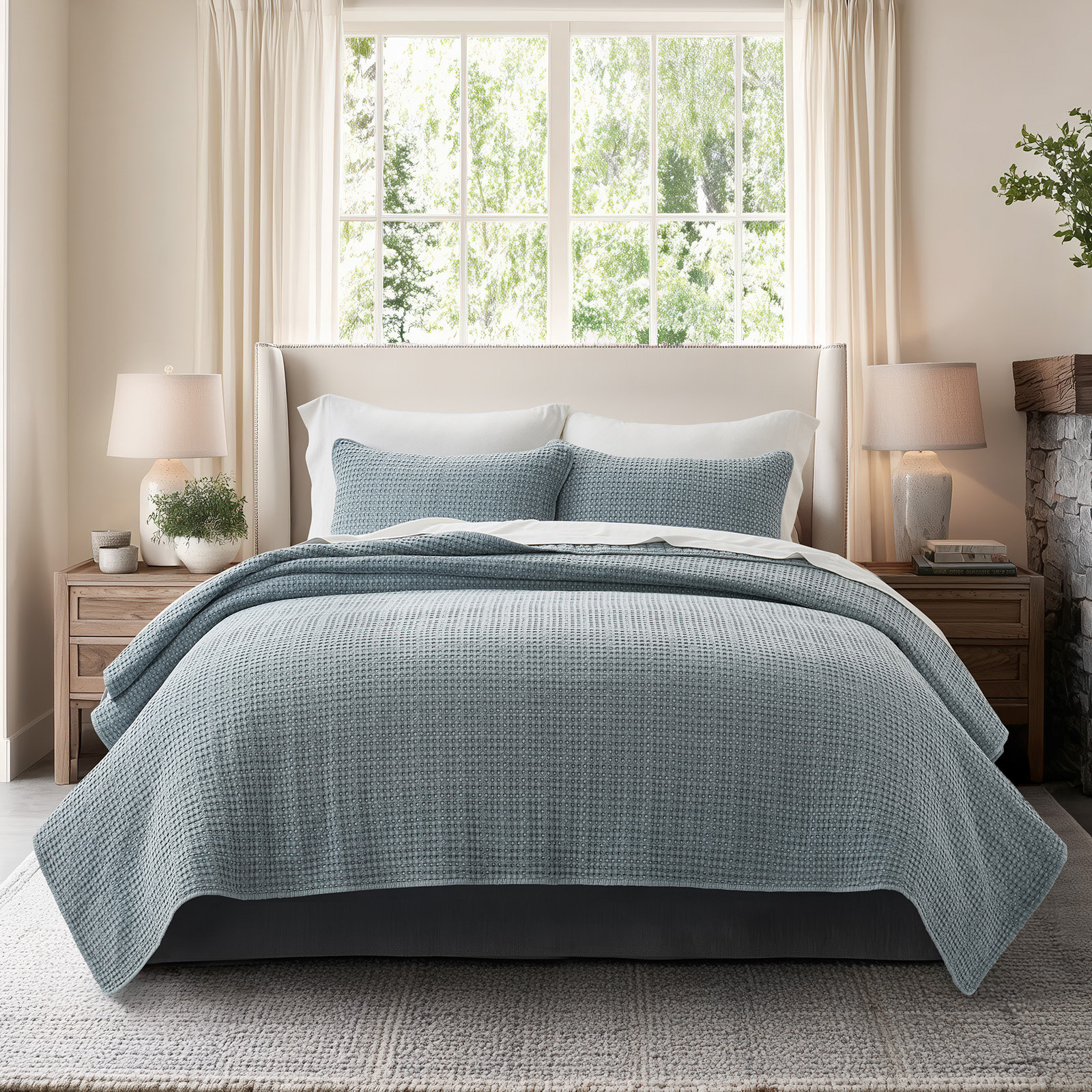 Waffle Cotton Quilt Set, King Quilt + 2 King Shams, Blue Linen