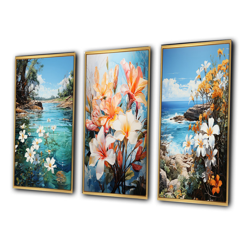 «Plumeria Lake Paradise», 3 pièces sur toile, Cadre flottant doré, H 20 po x l 36 po