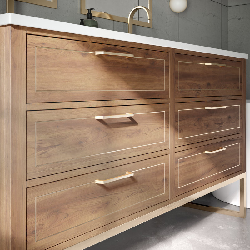 Markham 60 in. Double Vanity, White Quartz, Walnut, Satin Brass