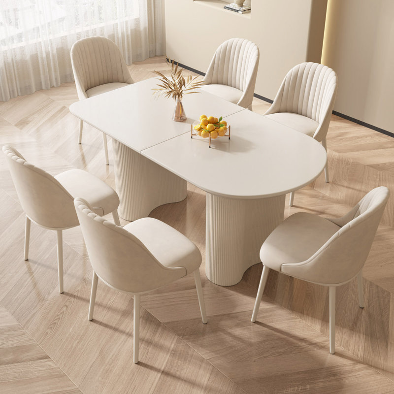 Pearlena 55.11" Modern Rectangle Cream White Dining Table Set with 6 Chairs for Kitchen, Bar, Living Room