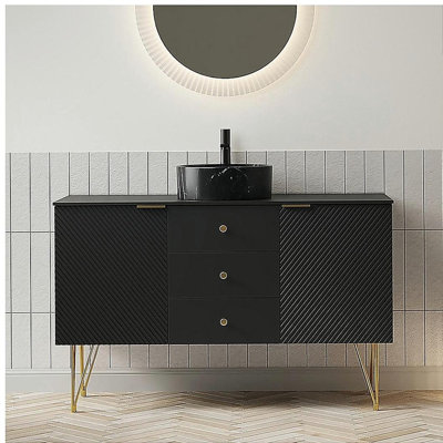Meuble-lavabo de salle de bain 48 po GEMA, meuble de rangement autoportant en contreplaqué avec pieds dorés, 3 tiroirs et 2 portes, vasque en céramique à motif de pierre noire et plateau en pierre frittée noire, pré-assemblé, noir