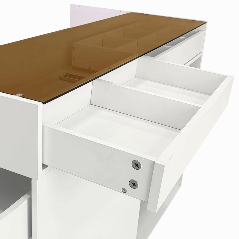 Commode de meuble-lavabo pour îlot de cuisine 43,3 po avec 3 tiroirs latéraux, un espace de rangement réversible et deux tablettes en verre