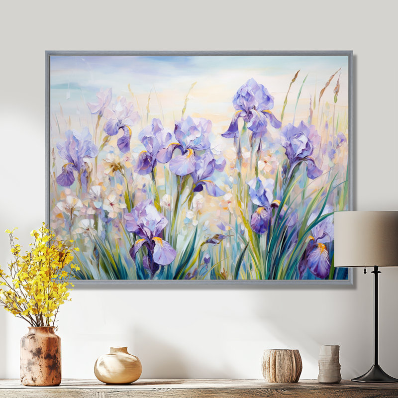 Purple Irises Country Charm - Print, 24" H x 32" W x 1" D, Silver Floater Framed