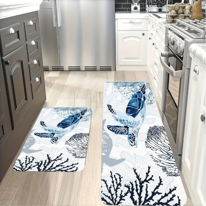 Tapis de cuisine bleu et blanc, 2 pièces pour tapis de cuisine et de salle de bain