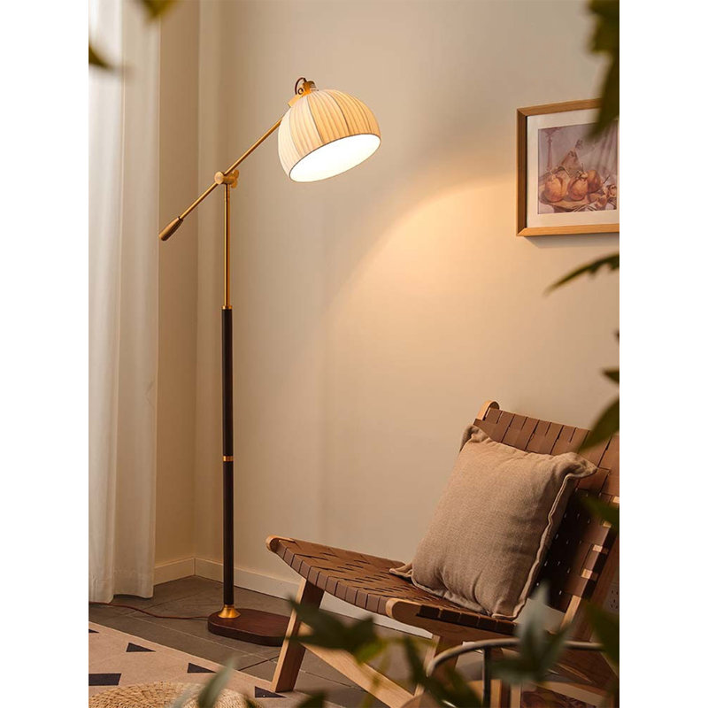 French Mid-Century Vintage Solid Wood, Fabric and Wrought Iron Floor Lamp, Brown