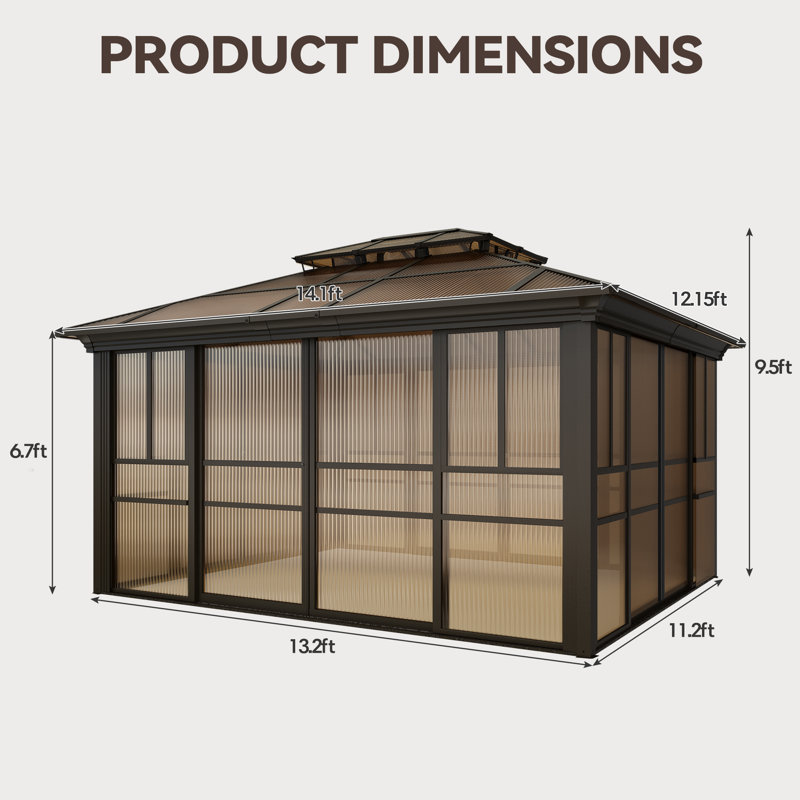 12 X 14 Ft Sunroom Kit,  All-Weather Solarium Gazebo With Detachable Windows & Lockable Door, 114" H x 168" W x 144" D