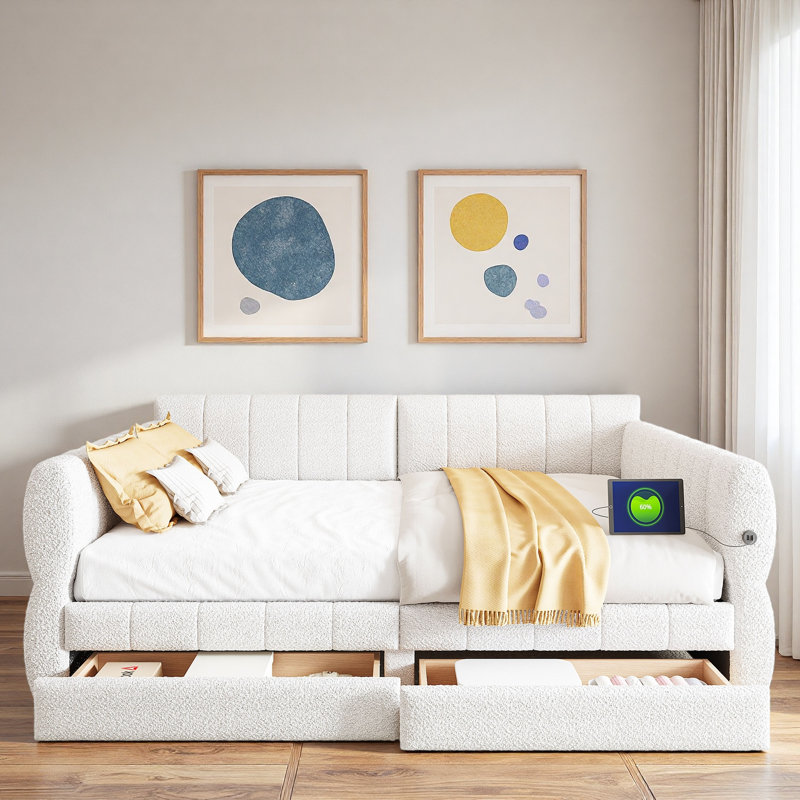 Upholstered Daybed With Usb And 2 Drawers, White