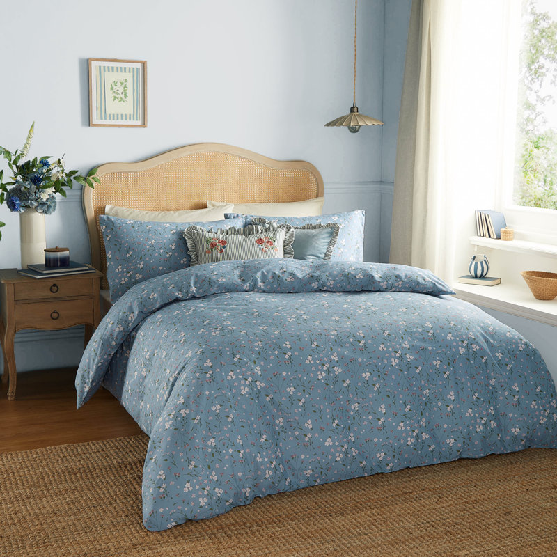 Bronte Cotton Floral Duvet Cover Set with Pillowcases Included, Blue, Double Duvet Cover + 2 Standard Pillowcases
