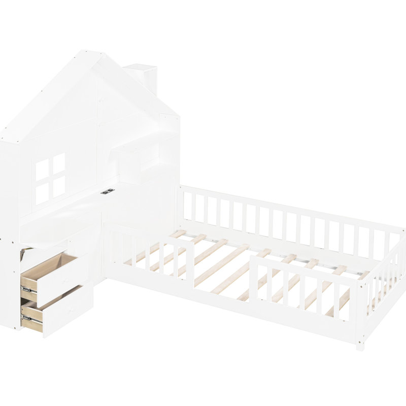 Lit simple blanc avec fenêtre, tiroirs de chevet, douilles et support de rangement simple