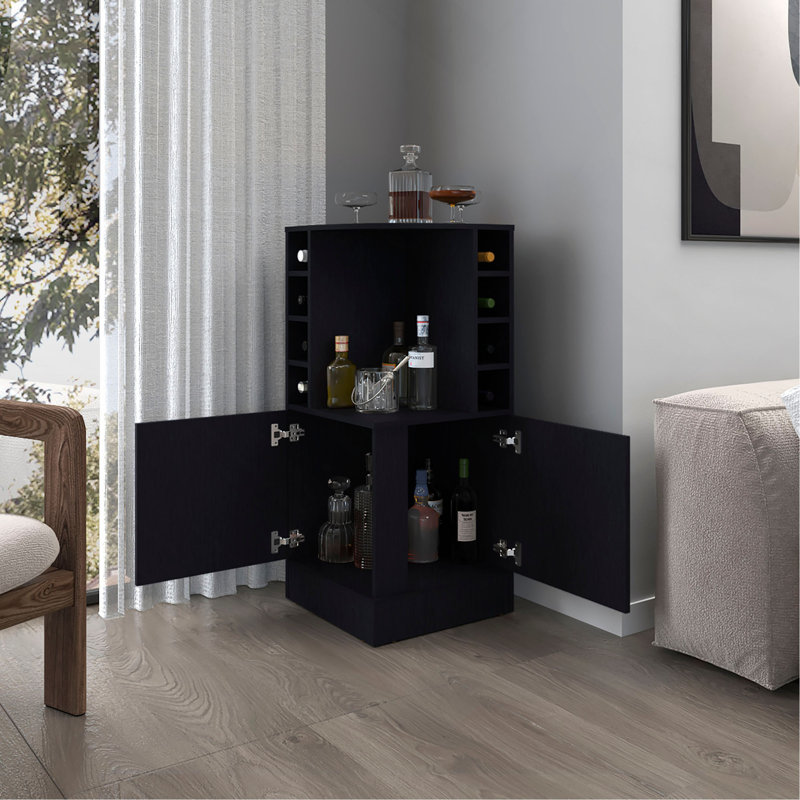 Bar d'angle avec porte-bouteilles, tablettes ouvertes et rangement dissimulé, Black