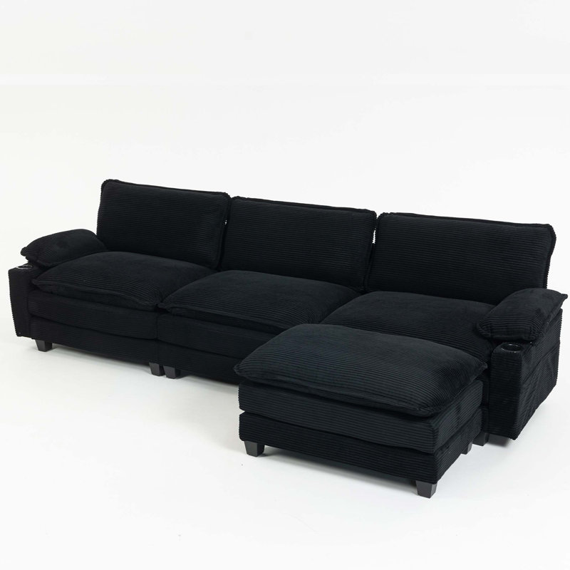 113" Modern 3+1 L-Shaped Corduroy Fabric Sofa,Modular Sectional Cloud Couch W/Ottoman,35D High-resilience Sponge&Double-layer Thick Cushion,Cup Holders,Storage Bags