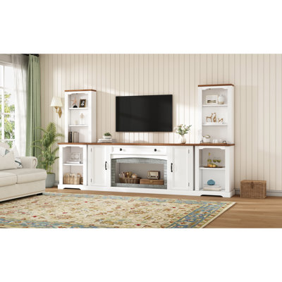 Élégant buffet avec surface en noyer riche, finition brique grise, tiroir, rangement et gestion des câbles pour l'aménagement du salon, décorations de meuble télé blanc élégant, tablettes, organisation de téléviseurs de 70 po